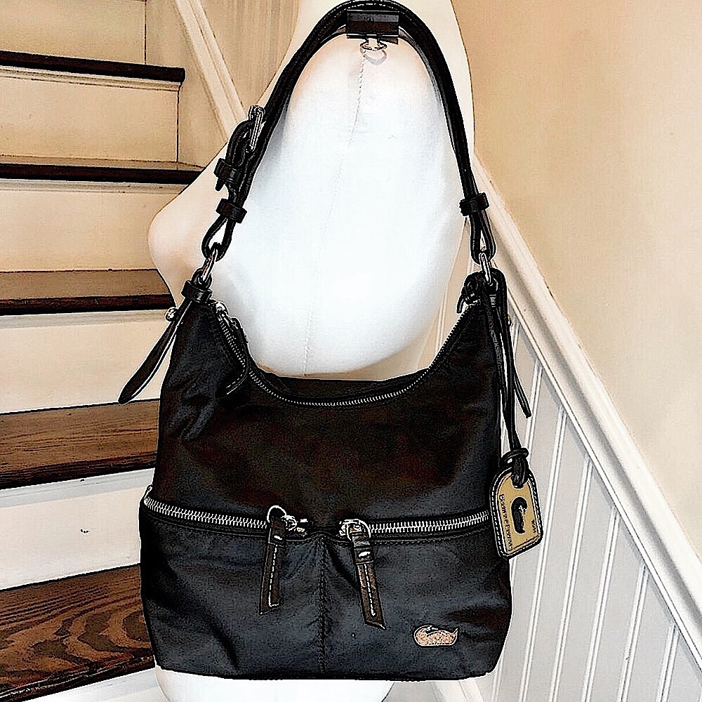 DOONEY & BOURKE Black Leather and Nylon Shoulder Bag Brown Dooney Duck Appliqué